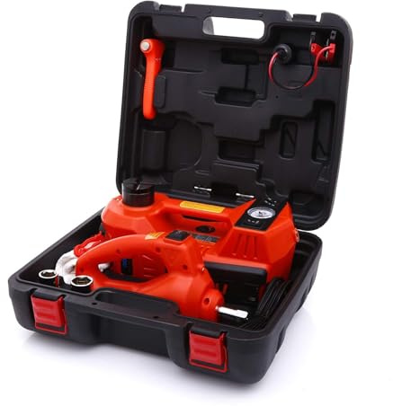 STANDTALL Kit cric elettrico per auto, 5 tonnellate, 12 V, idraulico, con chiave a impulsi e pompa di gonfiaggio pneumatici, rosso con luce LED