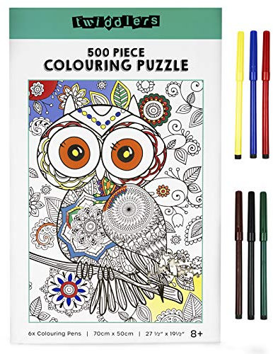 THE TWIDDLERS - 500 Piece Jigsaw Puzzle, Owl Design with 6 Colouring Pens - Build Puzzle & Colour in, Unique Art Birthday Present