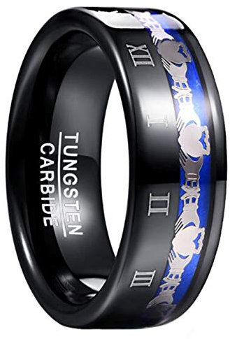 GALANI Gravierte Römische Ziffern Hochzeitsversprechen Bänder 8mm Schwarz Wolframringe für Frauen und Männer Eingelegtes Claddagh-Muster Größe 57(18.1)