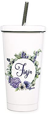 GRAZDesign Cocktailbecher mehrweg mit Deckel, personalisiert mit Namen, Blumenkranz, Eukalyptus, Trinkbecher mit Trinkhalm aus Edelstahl, ideal als Geschenk