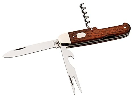 Hartkopf Taschenmesser, 3-teiliges Klappmesser mit Messer & Gabel, Stahl 1.4034, rostfrei, Rotholz-Griffschalen, Neusilberbacken