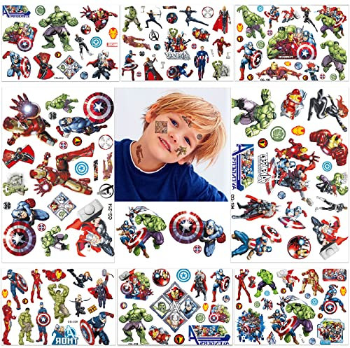 Tattoo Kinder,8 Blätter Superheld Temporäre Tattoo Aufkleber Set,Wasserdichte Kindertattoos Sticker Kinderaufkleber für Mädchen Jungen Geburtstagsgeschenke Mitgebsel