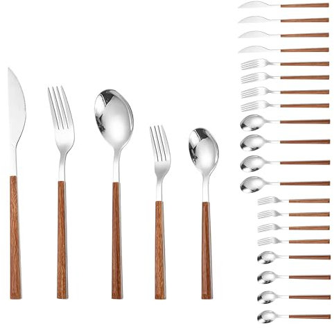 ED-Lumos Couverts en Acier Inoxydable à manche en plastique bois 2 Cuillères 2 Fourchettes 1 Couteau de Table Pour 4 personnes