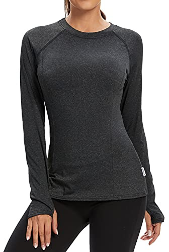 Soneven Long Sleeve Running Top Womens with Thumb Hole Compression Thermal Base Layer Ladies Fleece Tops T Shirt Lightweight Sport Yoga Top Quick Dry for Workout Hiking Skiing (Black, XS)