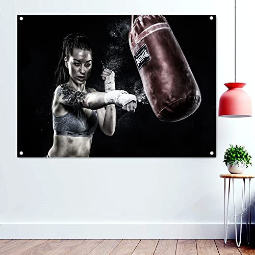 Pretty Boxer in Trainingstapete, Banner, schwarzer Hintergrund, Tapisserie, Flaggen, Kickboxen, Muay Thai, Kampfsport-Poster, Fitnessstudio-Dekoration, 96 x 144 cm