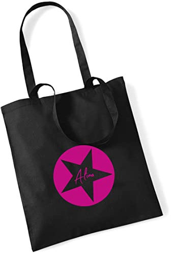 Stofftasche Stern personalisiert mit Namen | Bedruckter Jutebeutel Stoffbeutel für Kinder | Stern-Design mit Name für Schule, Kindergarten (schwarz)