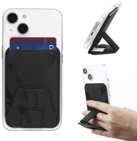 WALLFID Magsafe Wallet & Stand 2 in 1 Leather Compatible with iPhone 15/14/13/12 Pro/Max/Plus/Mini/,Magnetic Card Holder with RFID and Iron Sheets,Up to 3 Cards(Stand-Black)