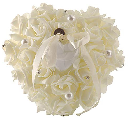 Ringkissen Hochzeit, Ringbox Hochzeit, Romantic Rose Band Herzform Ring Kissen Box mit feinem Strasssteinchen und Schleife Kissen für Hochzeitsringe für Eheringe Verlobung, 7 Farben, 18*17cm,Creme