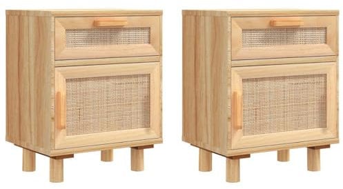vidaXL 2X Nachttisch 1 Schublade 1 Fach Nachtschrank Nachtkonsole Nachtkommode Schlafzimmer Schrank Kommode Braun Massivholz Kiefer Natur-Rattan
