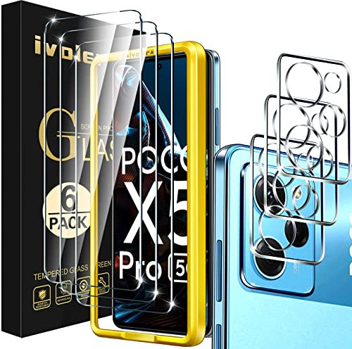 ivoler 3 Piezas Protector de Pantalla para Xiaomi Poco X5 Pro 5G (No para Poco X5 5G) con 3 Piezas Protector de Lente de Cámara y Marco de Instalación, Cristal Vidrio Templado Anti-Arañazos, Ultra HD