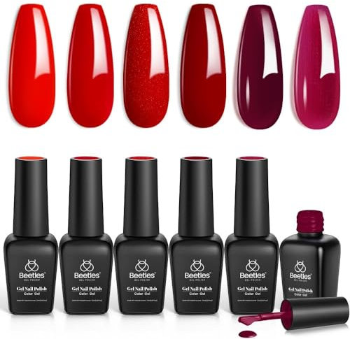 Beetles Rot UV Gel Nagellack Set - 6 Farben Glitzer Rot Dunkel DIY Gel Polish Nail Nageldesign Sets LED Lampe Trocken Nagelgel für Frauen Anfänger Nail Art 7.5ml