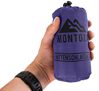 montoza Hüttenschlafsack - Ultraleicht 170g dunkelblau lila - Inlett aus Seide und Baumwolle - Reiseschlafsack leicht, dünn, war, Indigo