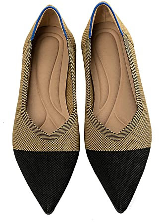 MACHSWON Women’s Ballet Dressy Flats Pointed Toe Knit Dress Shoes Slip On Casual Foldable Ballerina Walking Shoes (Khaki, Size 5)
