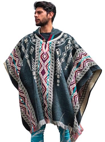 Poncho Men Alpaca Wool with Hood – Warm Ecuadorian Cloak, Thick Western Gaban, Cowboy Serape Shawl, Brown Canvas Honcho Hoodie, Winter Blanket Pancho for Adult – Clint Eastwood Style