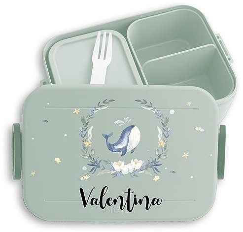 Kinder Bento Box Midi Lunchbox für Mepal Bentobox - Brotbox süßer Wal Jausenbox Wale Vesperbox Walfisch Geschenk Whale I - 900 ml - Sage Grün - ocean brotdose personalisierte fisch brotzeitbox