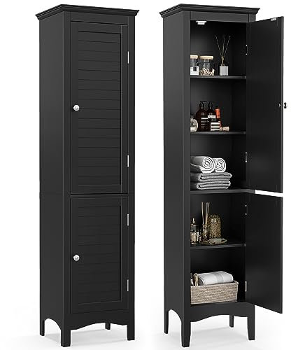 RELAX4LIFE Bathroom Tall Cabinet, Double-Door Slim Storage Cupboard with 5-Tier Shelf, Floor-Standing Tallboy Unit Cabinet for Bathroom Living Room (3-Level Adjustable Shelf, 38x33x160cm, Black)