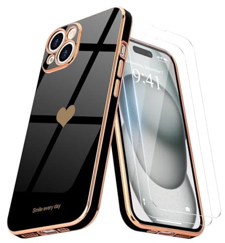 Teageo Kompatibel mit iPhone 15 Hülle + 2 Stück Schutzfolie, Mädchen Herz Styling Hülle Galvanisierte Weich TPU Schutzhülle Kameraschutz Kratzfest Phone Case für iPhone 15, Schwarz