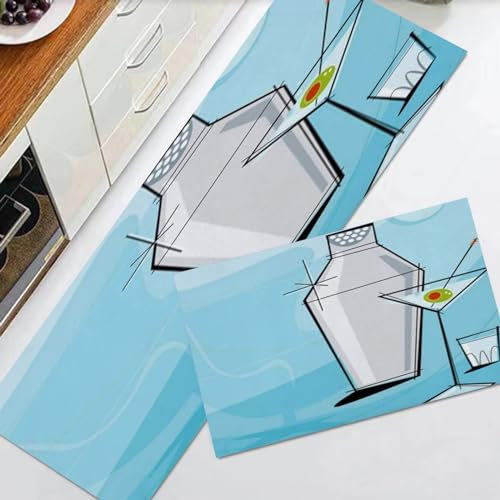 EKSED Kitchen Mats Non slip Washable Kitchen Rugs Doormat Carpet Floor Mat,Liquor Blue Retro Martini Vignette Shaker Shot Glass Cocktail Party,2 Piece Kitchen Mats for Home Decoration (40x60+40x120cm)