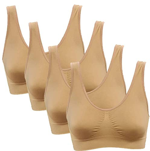PBE 4 Pack Super Comfort Bra, Thick Double Material Women's Sleep Bras, Sports Bra, Premium Quality, Seamless, No Wires! - 4 Pack Nude - XX Large