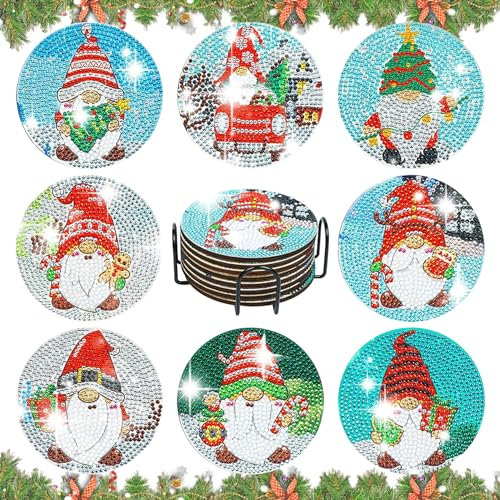 Bellatoi 8 Stück Diamond Painting Untersetzer Weihnachten, Diamant Malerei Untersetzer mit Halter, 5D Diamant Painting Untersetzer für Tassen, Weingläser, Vasen und Heimküche,Weihnachten Geschenk