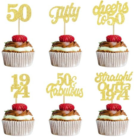 ALEGRE Tortendeko 50. Geburtstag Mann Frau, 24 Stück Glitzer Cupcake Topper, Straight Outta 1974 Gold Muffin Deko für Jubiläumsparty Party Zubehör
