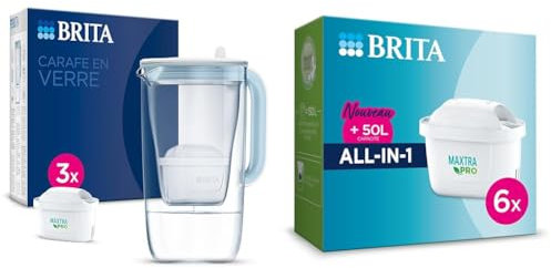 BRITA Carafe en verre bleue (2,5L) inclus 3 cartouches filtrantes BRITA MAXTRA PRO All-in-1 & Pack de 6 cartouches filtrantes MAXTRA PRO All-in-1 - Nouveau MAXTRA +, Plus