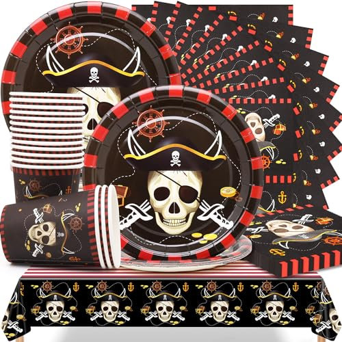 Huaxintoys Pirate Décoration Anniversaire, 53 Pièces Vaisselle Pirate Fête D'anniversaire Fournitures inclure Assiettes Carton, Tasse, Serviette et Nappe pour Décoration de Fête Pirate