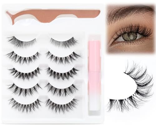 EMEDA Faux-cils Naturels avec Colle 3D 5 paires faux-cils à bande transparente et colle, Colle pour cils avec faux-cils courts et doux 8-13mm cils naturels avec colle et applicateur Kit (mix)
