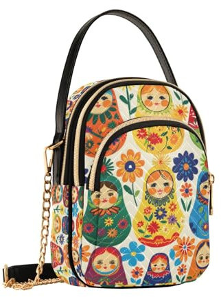 Mnsruu Matryoshka Sac à bandoulière en bois traditionnel russe pour femme, sac à main avec chaîne amovible, sac à main pour téléphone, sac à main à bandoulière, portefeuille, Matriochka Poupée