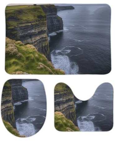 LMNGH Badezimmerteppich-Set, 3-teilig, rutschfest, Irland, Outdoor, County, Clare The Cliffs, Badematte, waschbar, Badezimmermatte mit WC-Deckelbezug, Konturmatte, Badteppich für Dusche
