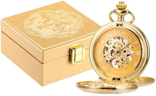 ManChDa Taschenuhr In Luxus Glänzende Holz Geschenk Box - Doppelter Abdeckung Taschenuhr Kette Skelett Mechanische Antike Hand-Wind Steampunk Römische Ziffern Fob Uhr Für Herren