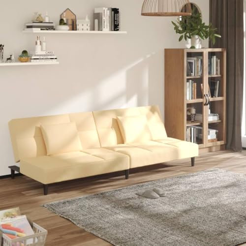 KOIECETA Schlafsofa 2-Sitzer Schlafcouch mit 2 Kissen Gästebett mit Holzrahmen Sofabett Tagesbett Couch Sofa Ausziehbar Creme Samt