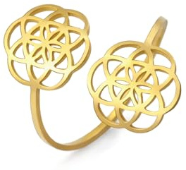 Amaxer Blume des Lebens Ring für Frauen Edelstahl Mandala Geometrie Heiliger Schutz Statement Ausgehöhlt Durchbrochen Verstellbar Fingerring Zierlicher Schmuck, Metall