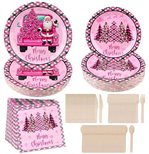 EBANKU 300 PCS di stoviglie natalizie, set di stoviglie per feste di Natale (per 50 persone) con piatti di carta per cena, piatti da insalata, tovaglioli e posate per decorazioni natalizie, rosa