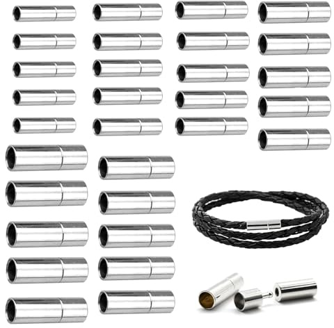 30 Stück Lederband Verschluss Armband, Endkappen für DIY Schmuck, Leder Endkappen zur Schmuckherstellung, Silber Armband Verschlüsse, für Leder Seil Halskette Armband (2mm/2.5mm/3mm/4mm/5mm/6mm)