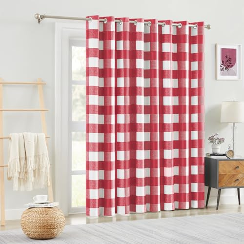 Melodieux Buffalo Check Plaid Sliding Door Curtains 96 Inches Long, Extra Wide Blackout Curtains Thermal Insulated Living Room Divider Patio Door Drape Grommet, Red, 100 x 96 Inch, 1 Panel