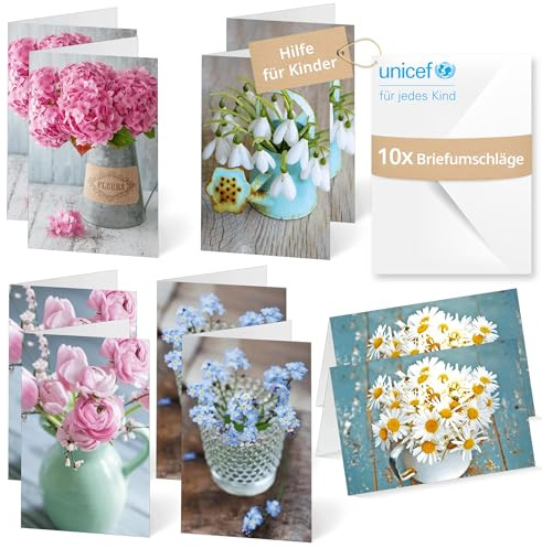 Unicef Blumenkarten Landhausstil | 10 Klappkarten mit Umschlägen | Helfen Sie Kindern in Not: FSC-Papier, 10 Karten mit Umschlägen (17,5 x 11,7 cm) – Blumenkarte im Landhausstil