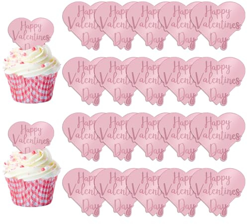 URROMA Valentine Cupcake Topper, 20Pcs Rose Gold Reflective Heart-Shaped Cake Dics Acrylic Cake Signs Mirror Cake Charms for Valentine's Day Use