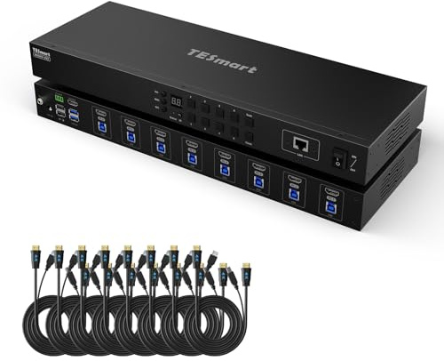 TESmart USB 3.0 HDMI KVM Switch 8 Port 4K @ 60Hz, 8X1 Rackmount KVM Enterprise-Grade EDID Emulator | Hotkey Switch | RS232 | LAN Port | IR Remote | IP-Steuerung | Auto-Scan | mit 8 Stück 1,5 m