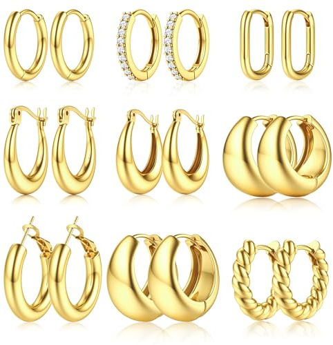 JeweBella 9 Paar Creolen Gold Ohrringe Set für Damen 18K Vergoldet Hypoallergen Chunky Leichte Gold Creolen Set Gold Kreolen Ohrringe Knorpel Huggie Creolen Ohrringe Modeschmuck