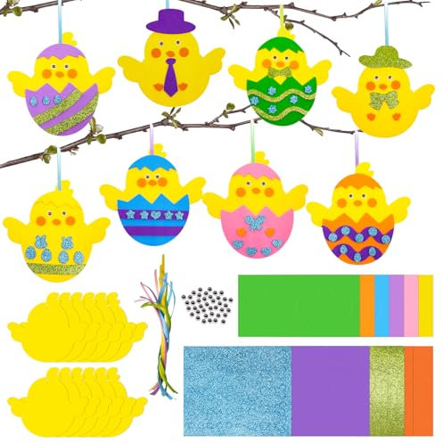 Fettwal Ostern Basteln Kinder, 12 Stück Osterküken, Moosgummi Bastelset Kinder Ostern Anhänger Deko, Osterbastelset Kreative Geschenke zur Osterdeko