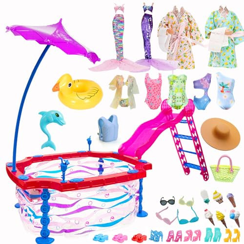 Ropa y accesorios para muñecas, piscina de muñecas con tobogán y accesorios, falda de sirena, traje de baño hawaiano, bikini anillo de natación muñecas, set de natación para muñecas de 11,5 pulgadas