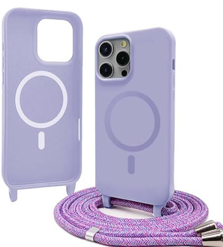 Magnetica Cover con Cordino per iPhone 12 Pro Max,[Compatibile con MagSafe], Cover in Silicone, Regolabile Cordino da Collo Nylon Catena Collana Tracolla,Viola