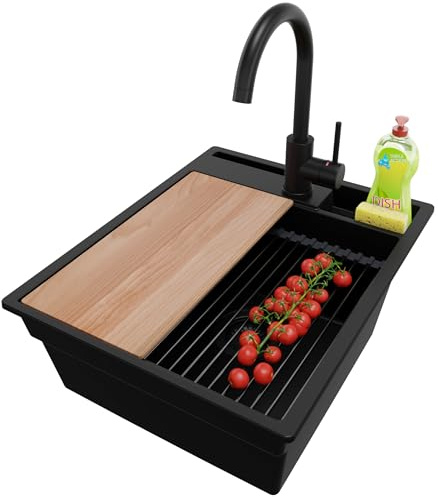 PRIMAGRAN Granitspüle ab 45er Unterschrank + Küchenarmatur, 43x53cm | Set: Küchenarmatur BW5010 + Ablauf-Set (Siphon, Ablaufgarnitur, Überlauf) + Spülbecken 1 Becken - Oslo Pocket, Alles Schwarz
