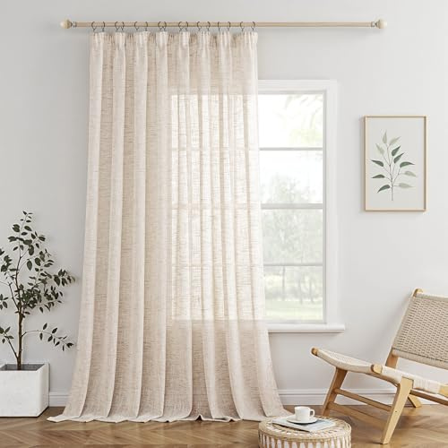 MIULEE Gardinen mit Kräuselband, Leinenoptik 300x225 cm Natur, 1er Set | Moderne Durchscheinende Voile Vorhänge mit Kräuselband, Leinenoptik für Wohnzimmer Schlafzimmer, Passend für Schienensysteme