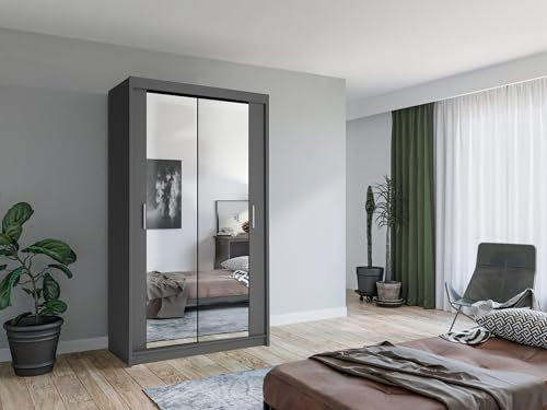 Krudox LUX Grau Schiebetürenschrank Kleiderschrank 120x216x62 cm mit Spiegel - Schlafzimmermöbel, Aufbewahrung – Mehrzweckschrank mit 2 Kleiderstangen