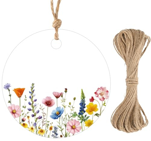 G2PLUS Geschenkanhänger mit Wiesenblumen: 5.5cm Round Etiketten Anhänger Tags mit 10m Schnur für Hochzeiten und Geburtstage, 50stk