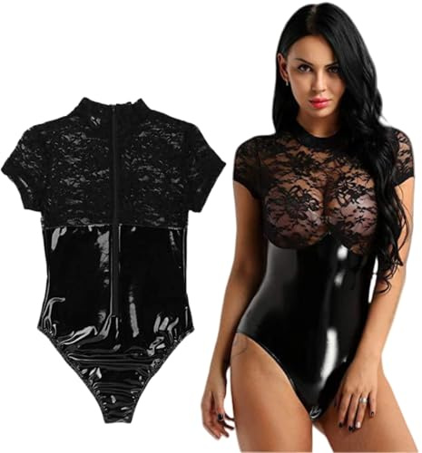 Womens Lace Bodysuit, Sexy See-Through Lace Babydoll Nightwear Leotard Top, PVC Zipper Short Sleeve Black Jumpsuit for Party Cosplay, Slim Fit One Piece Metallic Thong Leotard for Festival Rave