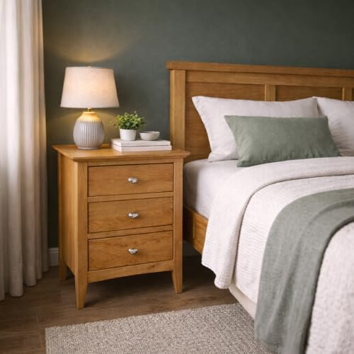 Home Furniture Group Ltd Oakcroft 3 Drawer Bedside Table – Rustic Scandi Solid Wood Nightstand with Polished Chrome Knobs – Fully Assembled Bedroom Cabinet