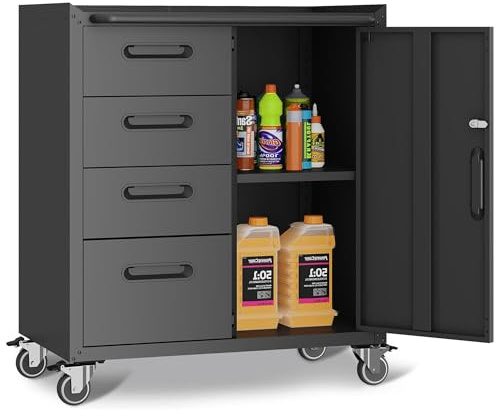 EKJ Metal Garage Storage Cabinet on Wheels, Lockable Rolling Tool Cabinet with Drawer and Shelves, Heavy Duty Mobile Steel Cabinet for Garage Warehouse Workshop